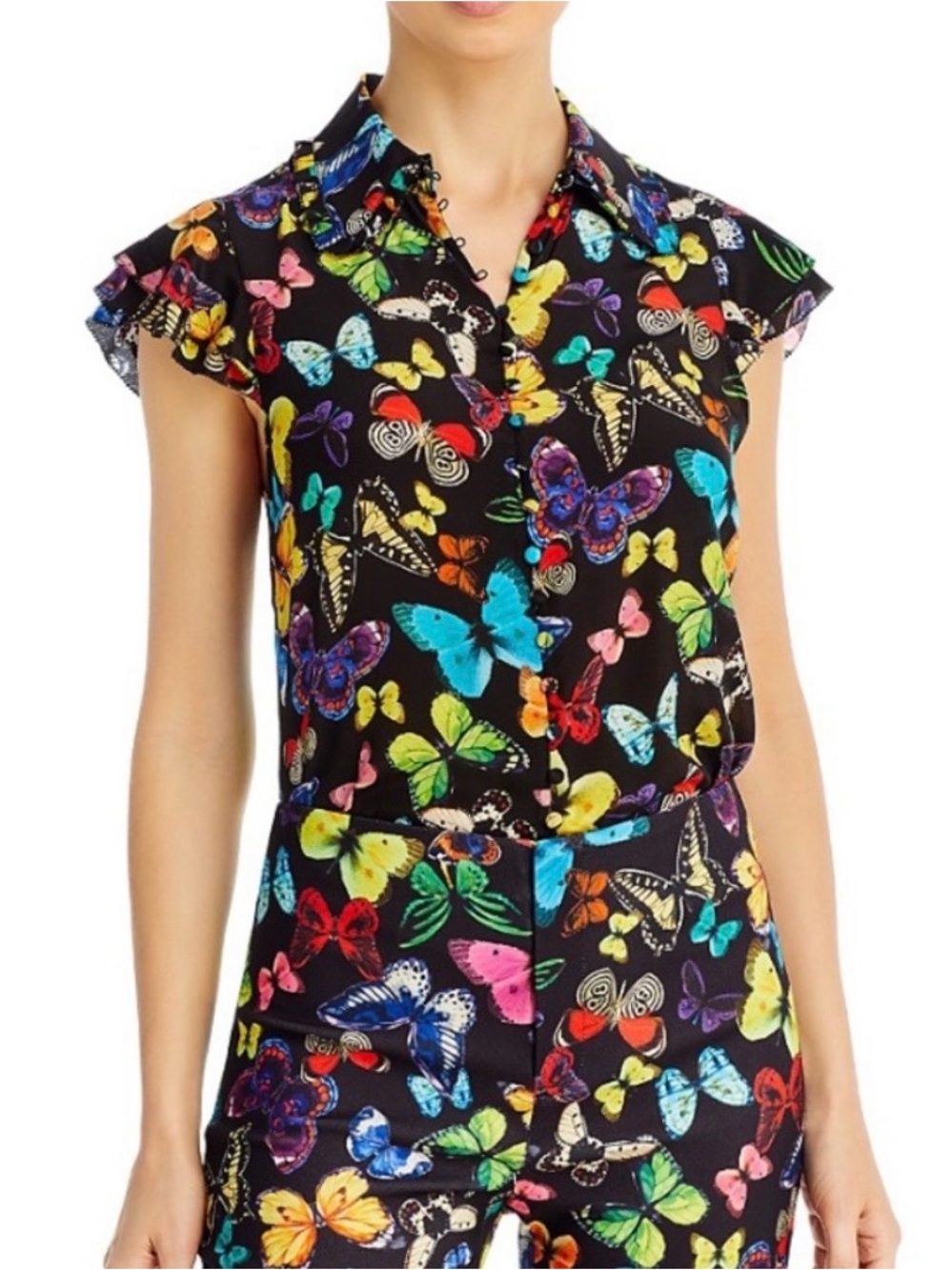 ALICE & OLIVIA MARTEL BUTTERFLY PRINT SILK BLOUSE